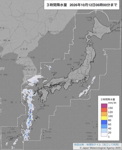 2026年10月12日3〜6時の日本周辺の3時間解析降水量