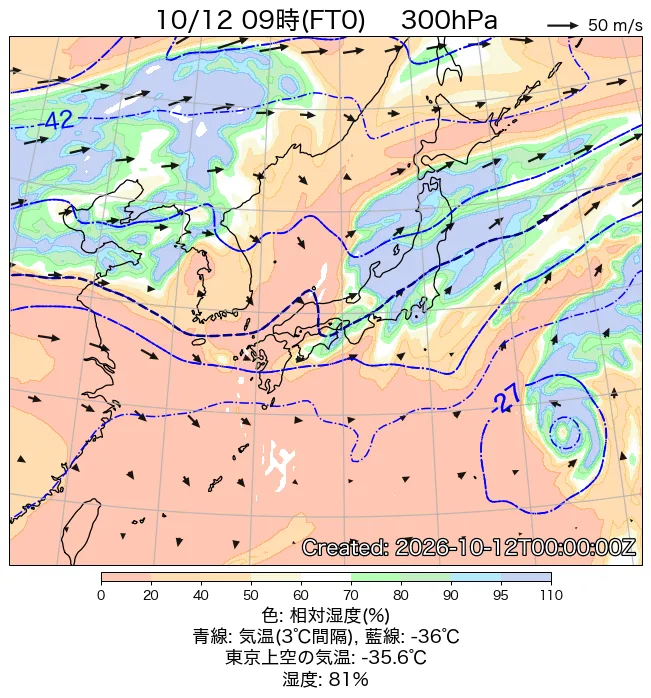 2026年10月12日の日本周辺の300hPa天気図（9時）