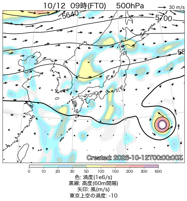 2026年10月12日の日本周辺の500hPa天気図（9時）