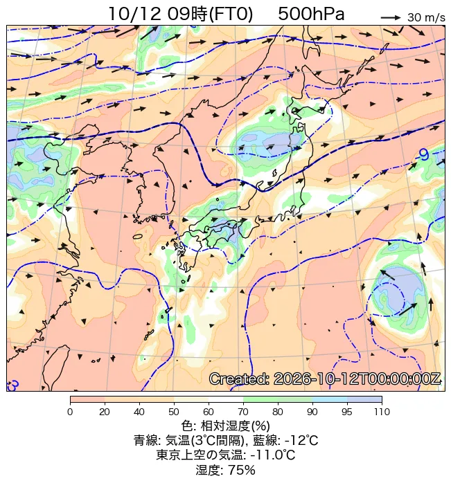 2026年10月12日の日本周辺の500hPa天気図（9時）