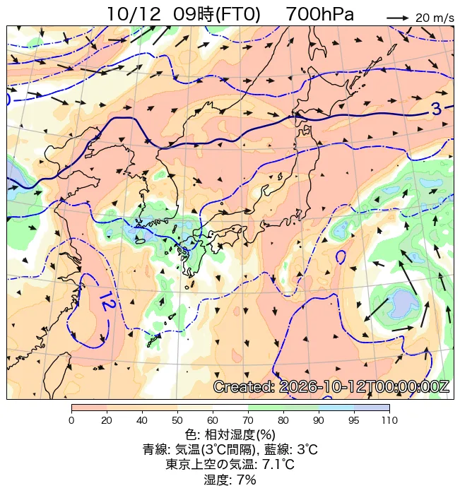 2026年10月12日の日本周辺の700hPa天気図（9時）