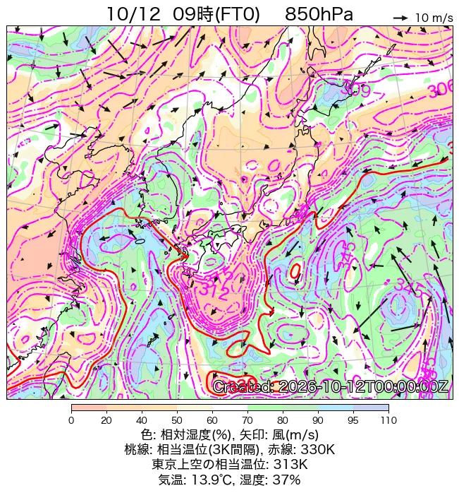 2026年10月12日の日本周辺の850hPa天気図（9時）