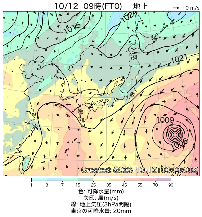 2026年10月12日の日本周辺の地上天気図（9時）