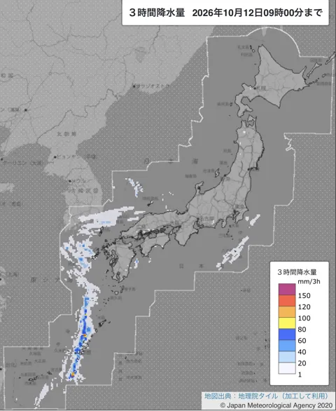 2026年10月12日6〜9時の日本周辺の3時間解析降水量