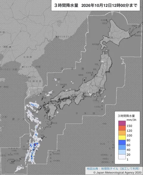 2026年10月12日9〜12時の日本周辺の3時間解析降水量