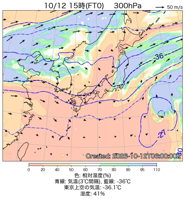 2026年10月12日の日本周辺の300hPa天気図（15時）