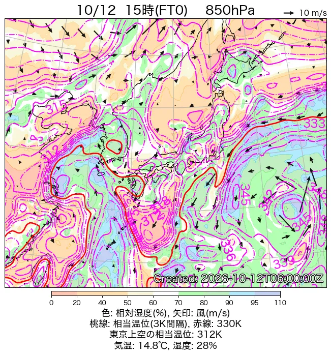 2026年10月12日の日本周辺の850hPa天気図（15時）