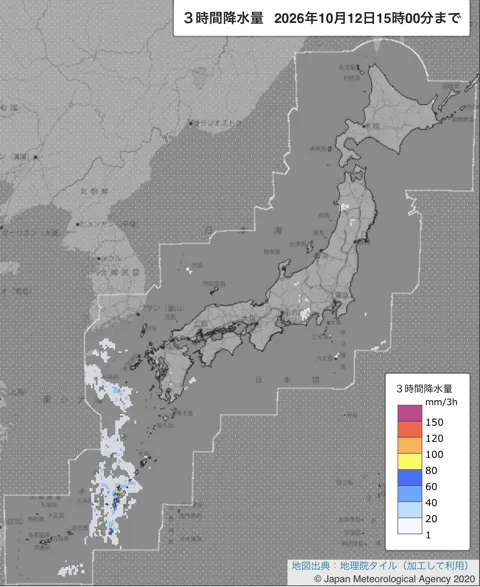 2026年10月12日12〜15時の日本周辺の3時間解析降水量