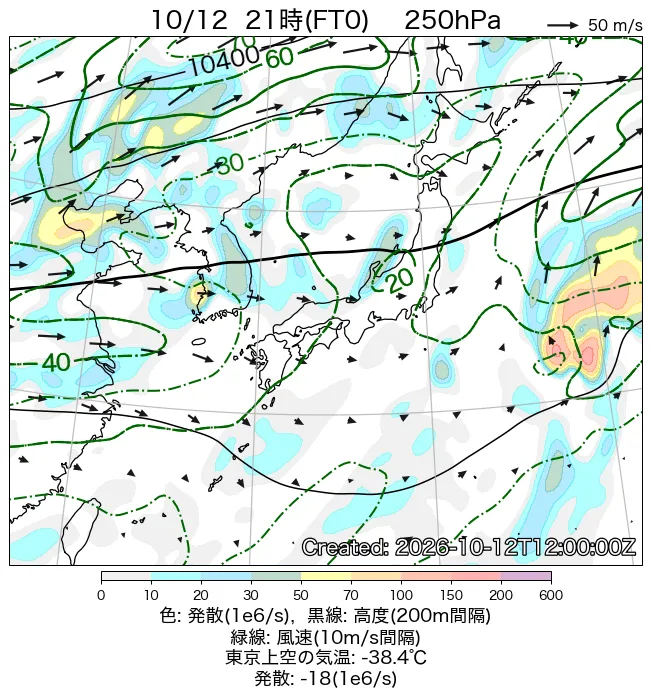 2026年10月12日の日本周辺の250hPa天気図（21時）