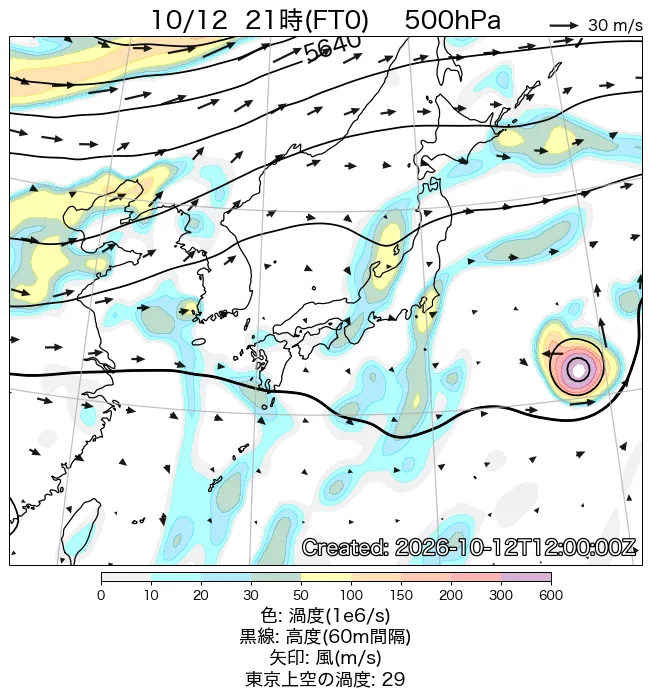 2026年10月12日の日本周辺の500hPa天気図（21時）