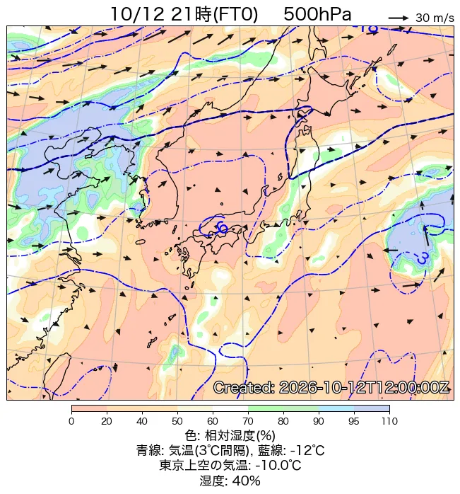 2026年10月12日の日本周辺の500hPa天気図（21時）