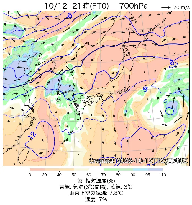 2026年10月12日の日本周辺の700hPa天気図（21時）