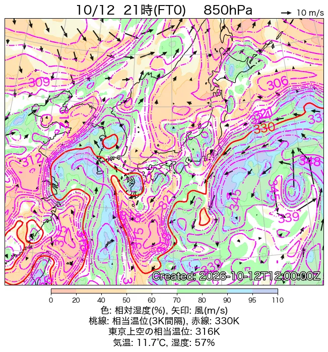 2026年10月12日の日本周辺の850hPa天気図（21時）