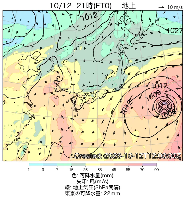 2026年10月12日の日本周辺の地上天気図（21時）