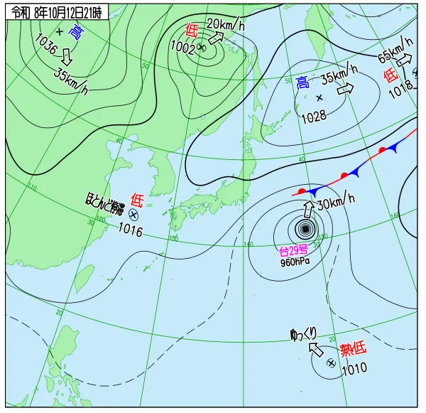 2026年10月12日21時の速報天気図