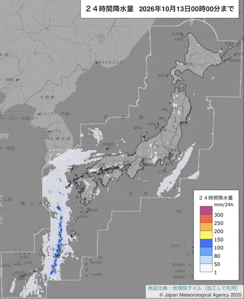 2026年10月12日の日本周辺の日解析雨量の図