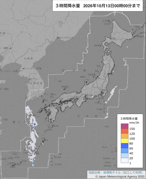 2026年10月12日21〜24時の日本周辺の3時間解析降水量