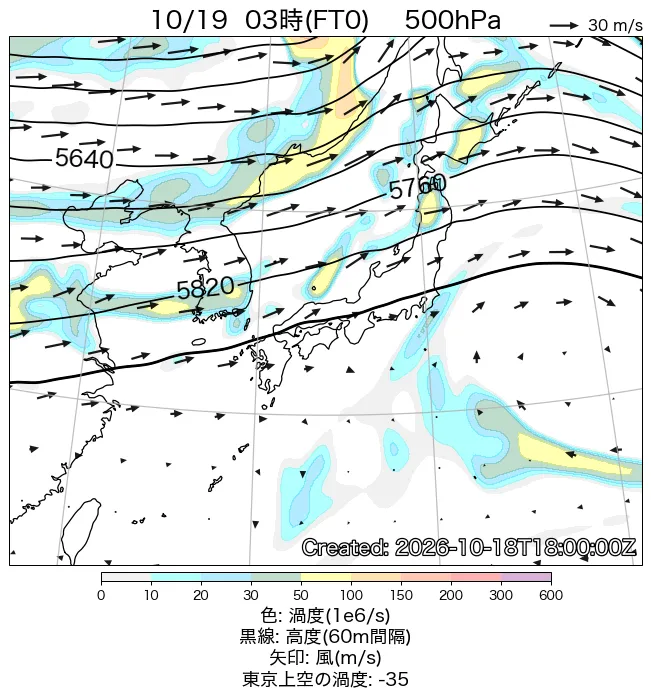2026年10月19日の日本周辺の500hPa天気図（3時）