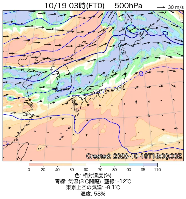 2026年10月19日の日本周辺の500hPa天気図（3時）