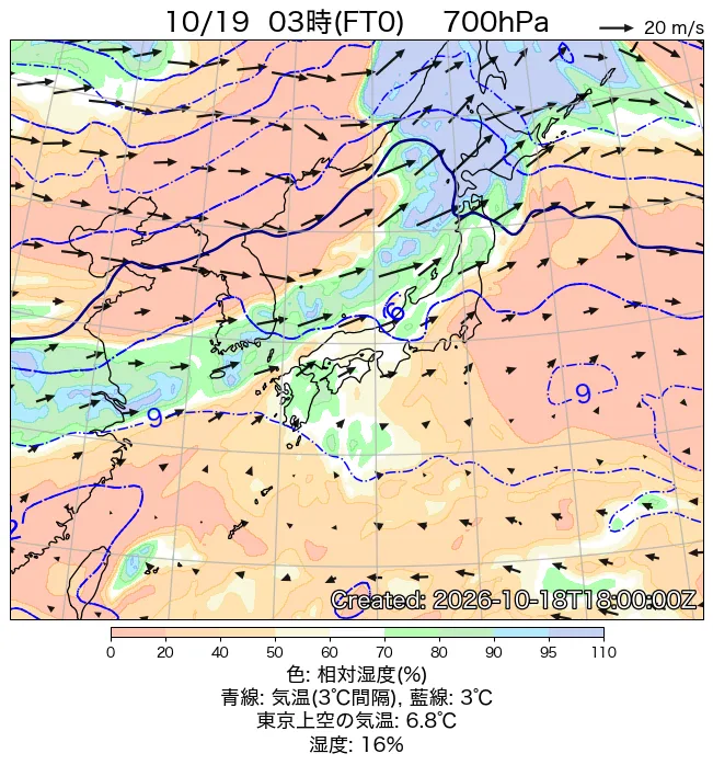 2026年10月19日の日本周辺の700hPa天気図（3時）