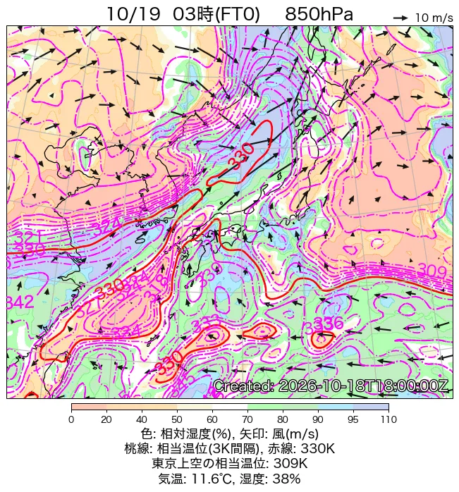 2026年10月19日の日本周辺の850hPa天気図（3時）
