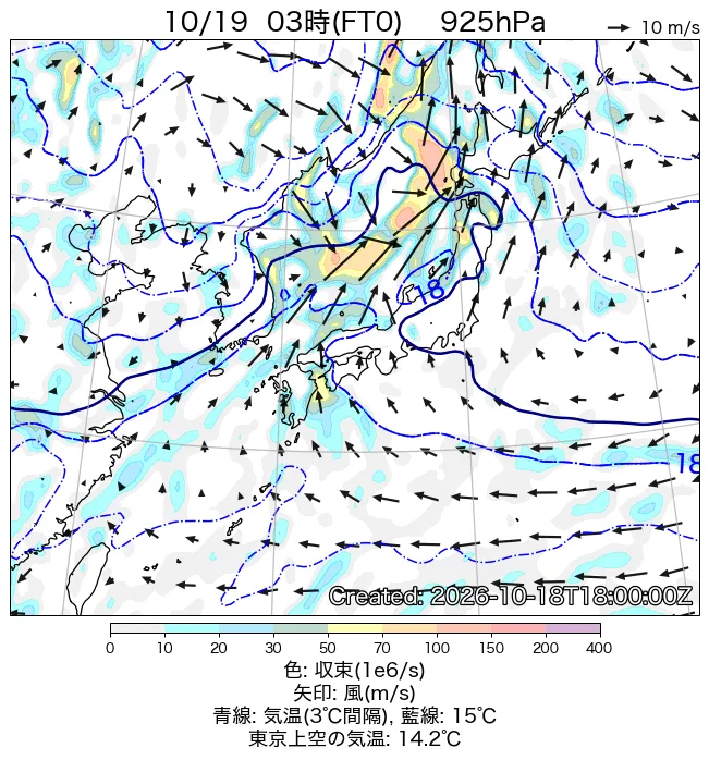 2026年10月19日の日本周辺の925hPa天気図（3時）
