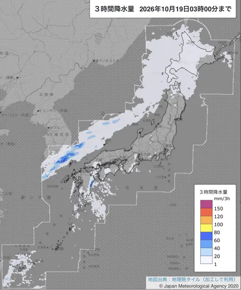 2026年10月19日0〜3時の日本周辺の3時間解析降水量
