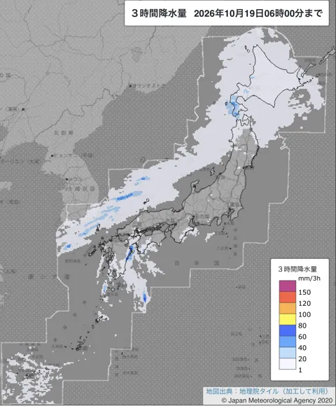 2026年10月19日3〜6時の日本周辺の3時間解析降水量