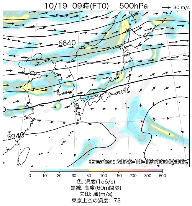 2026年10月19日の日本周辺の500hPa天気図（9時）