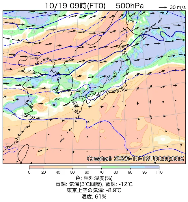 2026年10月19日の日本周辺の500hPa天気図（9時）