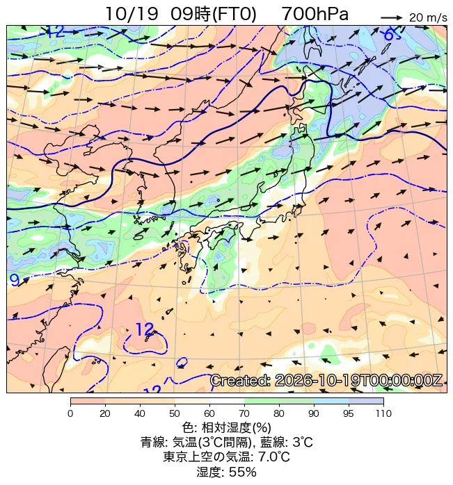 2026年10月19日の日本周辺の700hPa天気図（9時）