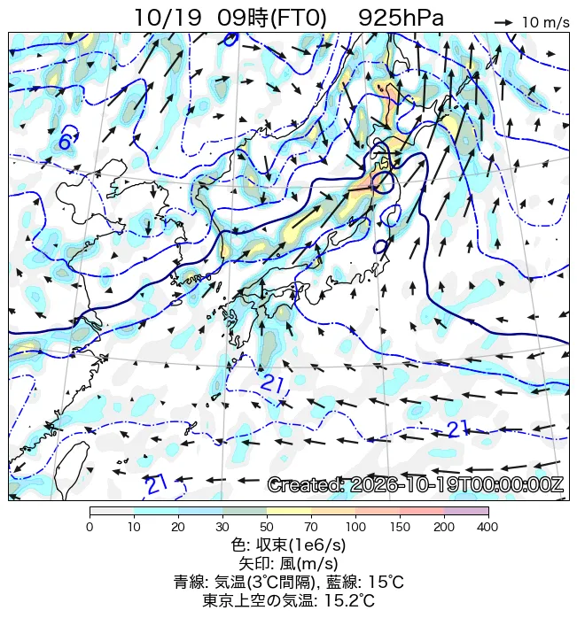 2026年10月19日の日本周辺の925hPa天気図（9時）