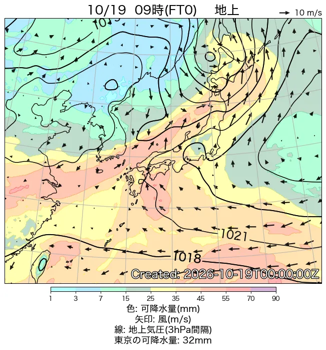2026年10月19日の日本周辺の地上天気図（9時）