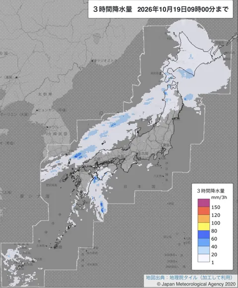 2026年10月19日6〜9時の日本周辺の3時間解析降水量