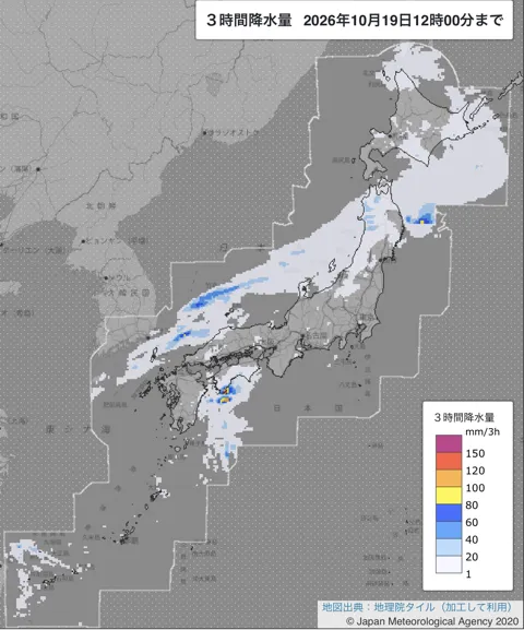 2026年10月19日9〜12時の日本周辺の3時間解析降水量