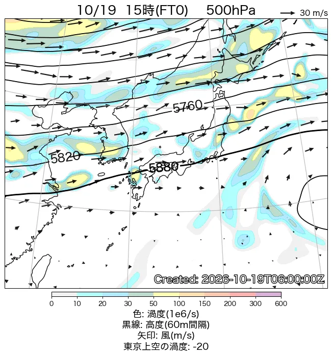 2026年10月19日の日本周辺の500hPa天気図（15時）