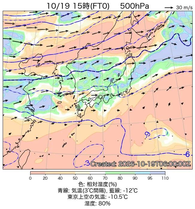 2026年10月19日の日本周辺の500hPa天気図（15時）