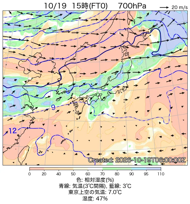 2026年10月19日の日本周辺の700hPa天気図（15時）