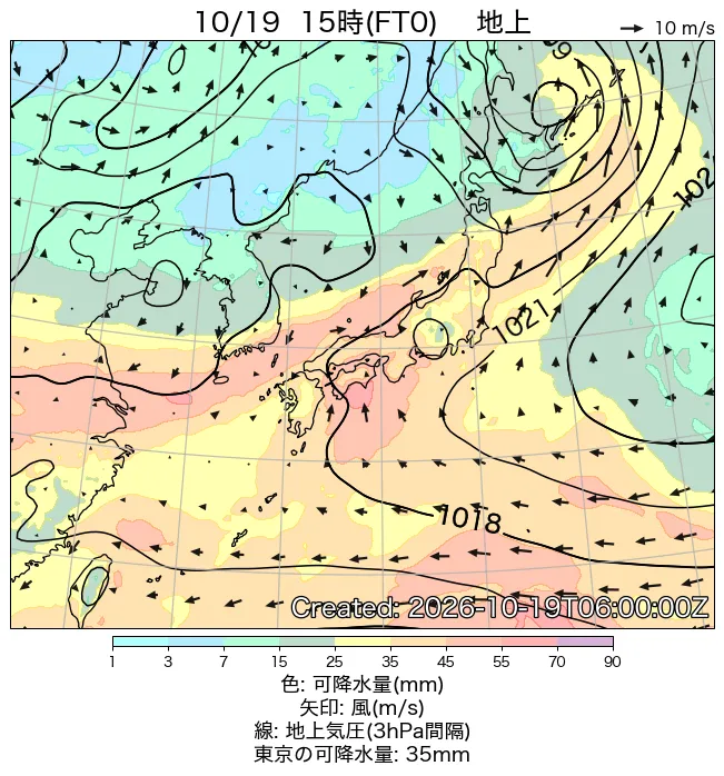 2026年10月19日の日本周辺の地上天気図（15時）