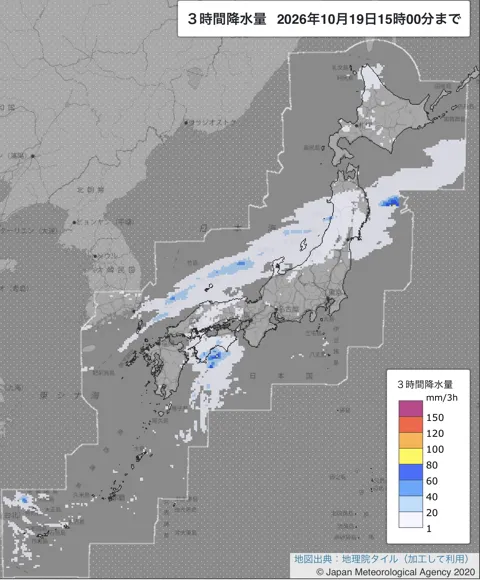 2026年10月19日12〜15時の日本周辺の3時間解析降水量
