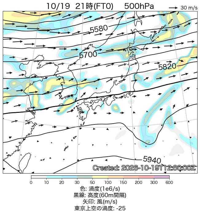 2026年10月19日の日本周辺の500hPa天気図（21時）