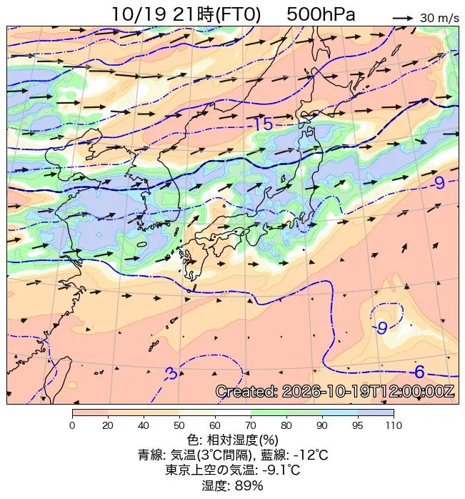 2026年10月19日の日本周辺の500hPa天気図（21時）