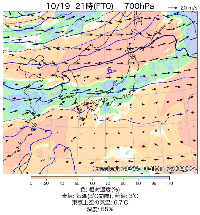 2026年10月19日の日本周辺の700hPa天気図（21時）