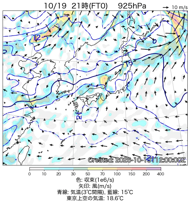 2026年10月19日の日本周辺の925hPa天気図（21時）