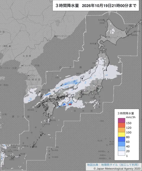 2026年10月19日18〜21時の日本周辺の3時間解析降水量