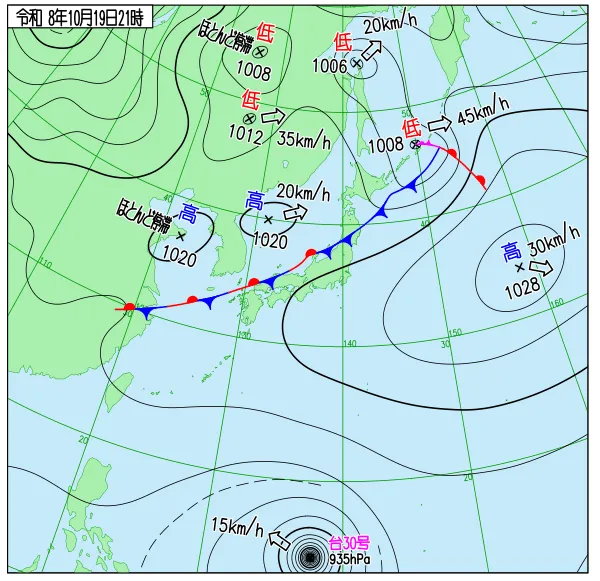 2026年10月19日21時の速報天気図