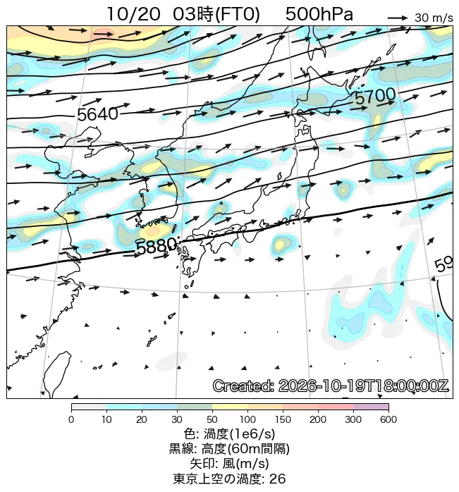 2026年10月20日の日本周辺の500hPa天気図（3時）