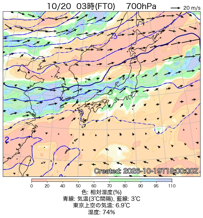 2026年10月20日の日本周辺の700hPa天気図（3時）