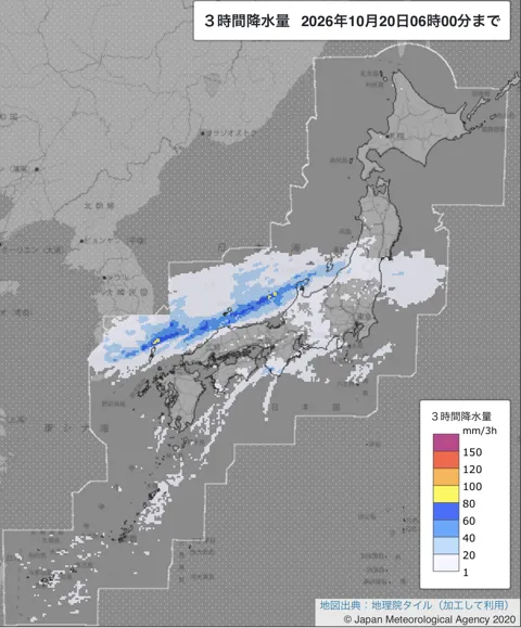 2026年10月20日3〜6時の日本周辺の3時間解析降水量