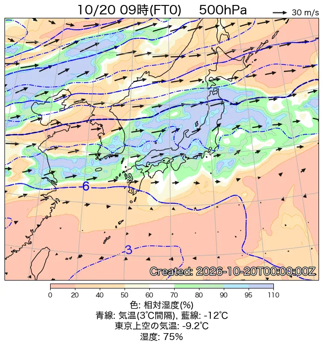 2026年10月20日の日本周辺の500hPa天気図（9時）